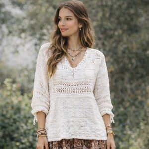 FREE PEOPLE Flower Child Sweater Off White Oversized Open Knit Boho Festival‎ M